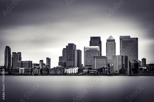 Black and White panoramic view of Canary Wharf  the financial district in London.