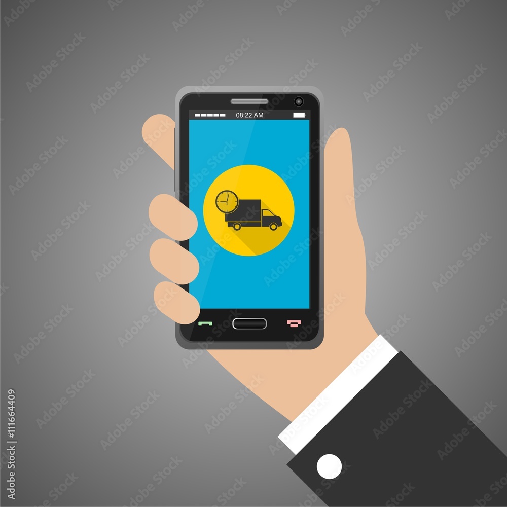 Hand holding smartphone with fast delivery icon Hand holding smartphone with fast delivery icon