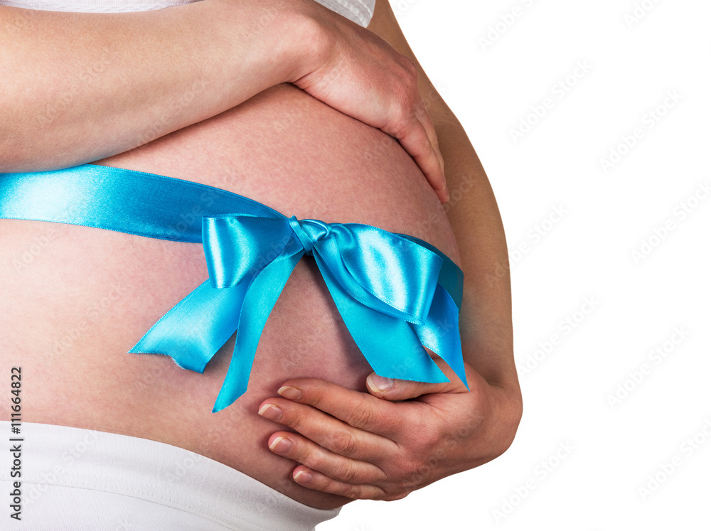 Pregnant woman with blue bow isolated on white. Pregnant woman with blue bow isolated on white.