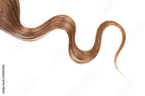 Strand of long, frizzy, brown hair isolated on white background.
