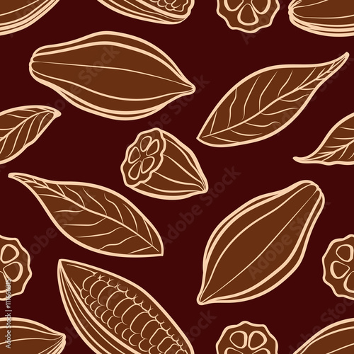 Cocoa beans engraved seamless pattern. Chocolate packing vector pattern