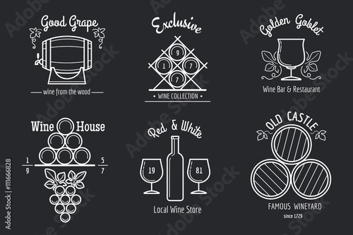 Wine line logo set. Winemaking or winery thin line signs for wine bar or wine restaurant menu. Vector illustration