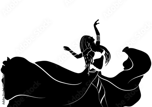 Fotografering Drawing of a black-and-white silhouette of a dancing woman in wind-shaken pleated skirt  and bodice on a white background