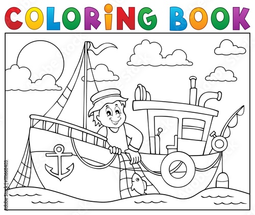 Coloring book with fishing boat theme 1
