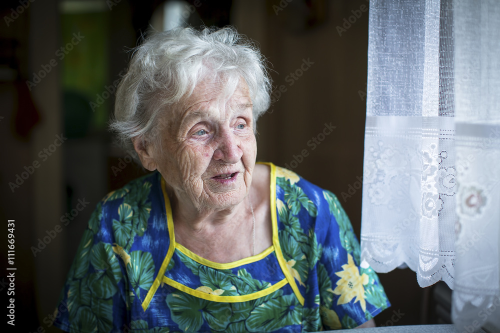 An elderly woman (80+) sitting in the house near the window. An elderly woman (80+) sitting in the house near the window.