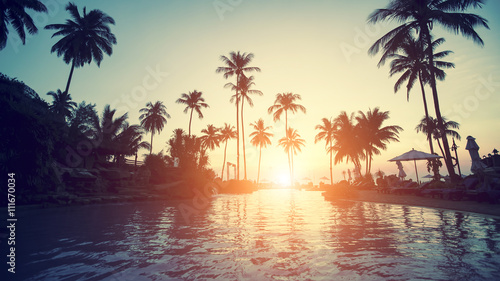Amazing sunset on a tropical coast with palm trees. © De Visu