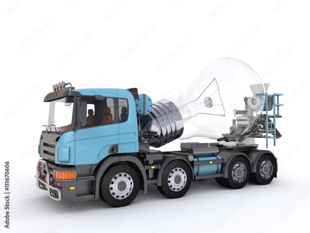 3D Illustration of Concrete Mixer Truck with a Light bulb
