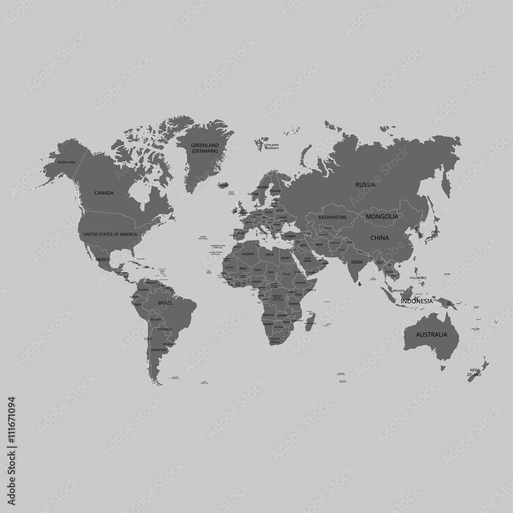 World map with country names. Vector illustration.
