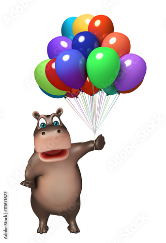 cute Hippo cartoon character with baloon © visible3dscience