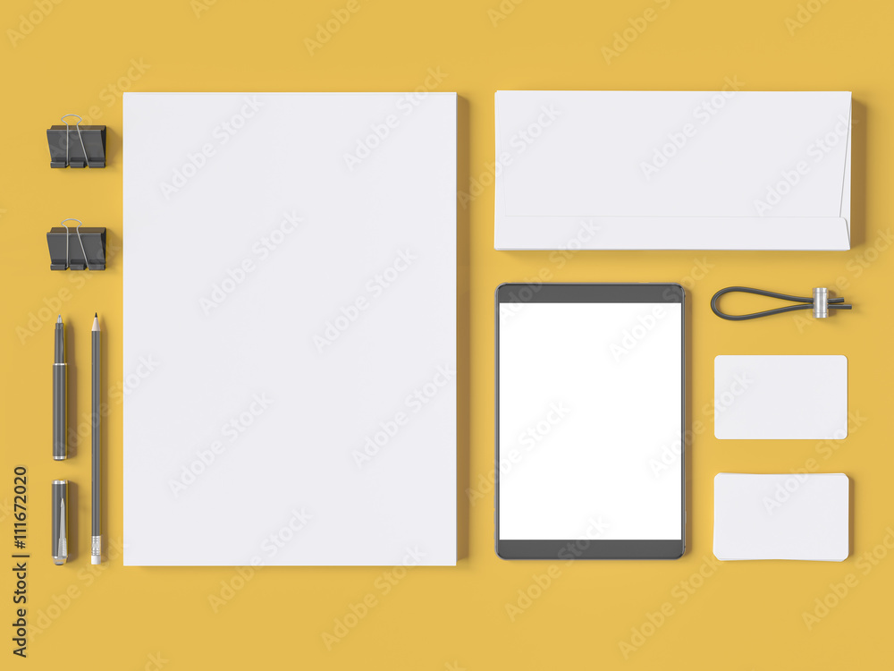 Grey branding mockup. Template set on yellow background. 3d rendering. Grey branding mockup. Template set on yellow background. 3d rendering.