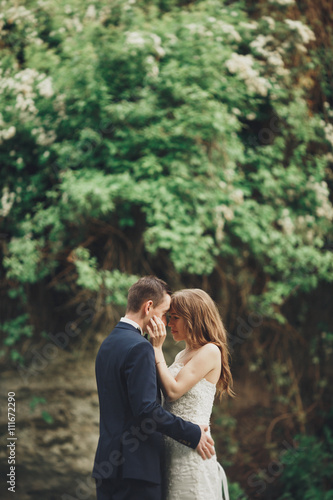 Happy wedding couple hugging and smiling each other on the background gorgeous plants in castle