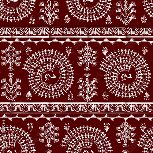 Warli peynting seamless pattern - hand drawn traditional the ancient tribal art India. Pictorial language is matched by a rudimentary technique depicting rural life of the inhabitants of India
