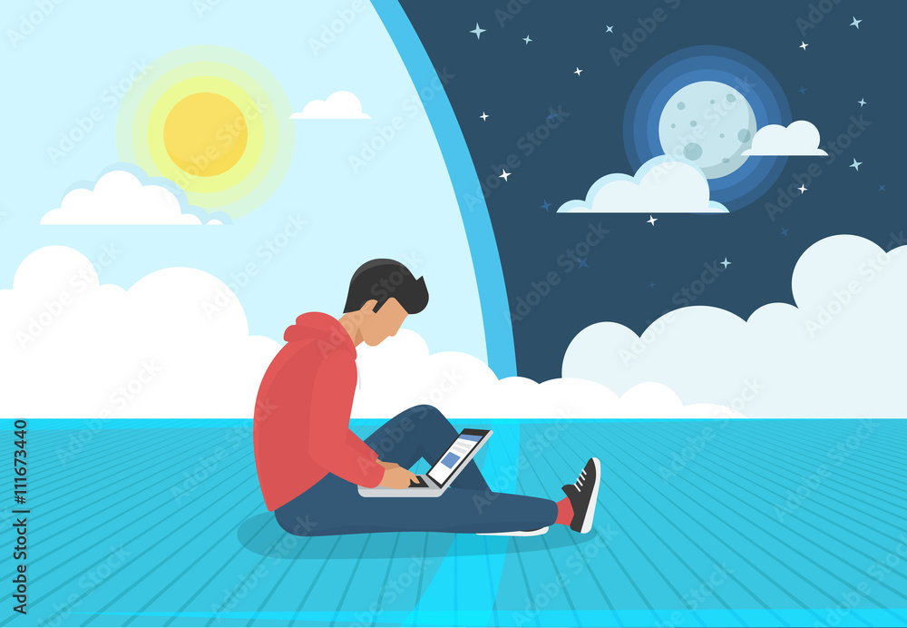Young man sitting on the floor and working with laptop day and night. Flat concept modern illustration of nonstop social networking, searching and sending email and working as programmer or designer Young man sitting on the floor and working with laptop day and night. Flat concept modern illustration of nonstop social networking, searching and sending email and working as programmer or designer