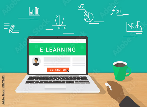 E-learning flat concept illustration of human hand working using laptop for distance studying and education. Man sitting at home and getting started distance education on website displayed on laptop