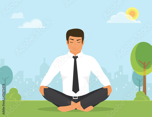 Flat illustration of calm man is doing yoga and meditation in the lotus position in the park on the green field. He is relaxing and meditating alone with nature