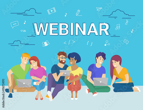 Group of creative people using laptop and tablet pc sitting on the floor and watching online webinar. Flat concept illustration of creative thinking and online webinar participating 