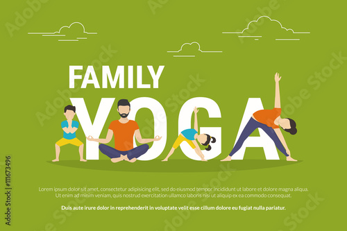 Family yoga concept illustration of people doing yoga exercises and sitting in lotus pose. Flat design of father and mother with children doing yoga pose near letters isolated on green background