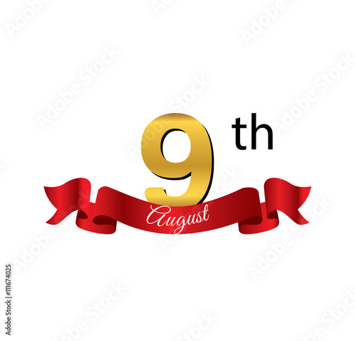 9 august golden calendar with red ribbon