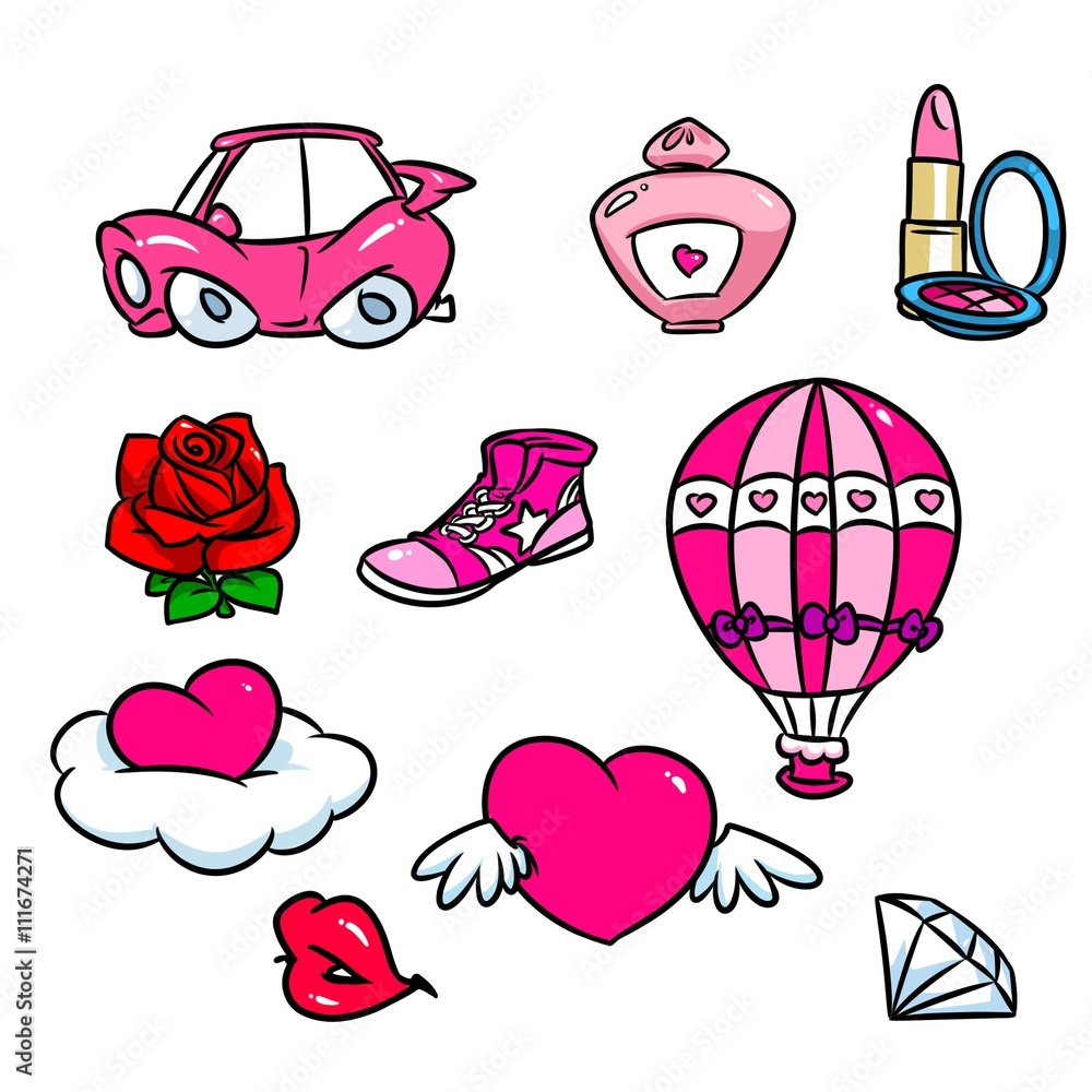 Fototapeta premium Glamour pink elements cartoon illustration car rose hearts spirits