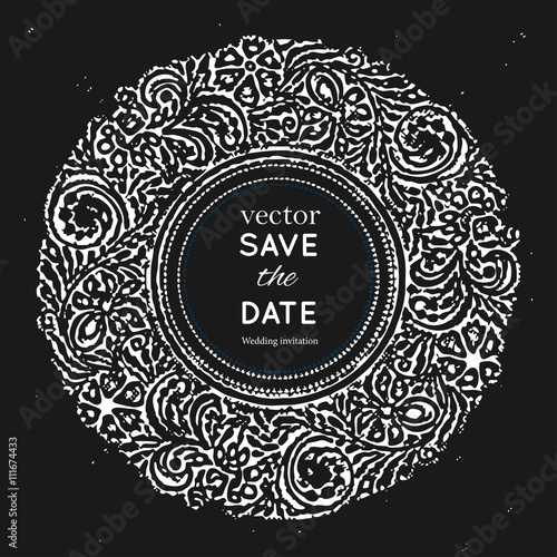 Grunge round wreath.Decorative floral frame.Floral pattern in a circle.The workpiece to create your design. Black and white pattern.