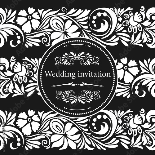 Grunge round wreath.Decorative floral frame.Floral pattern in a circle.The workpiece to create your design. Black and white pattern.