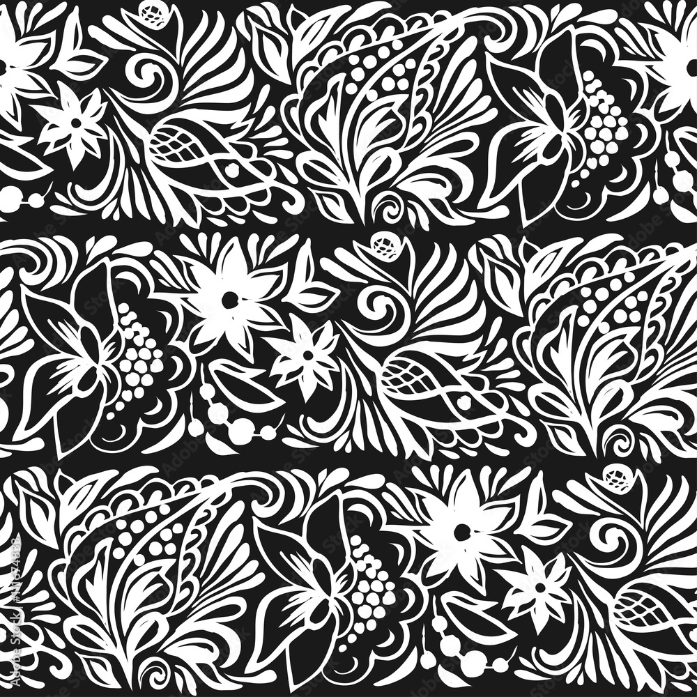 Seamless floral pattern. Curbs in the style of a Russian hand painting. The pattern of sprigs of flowers and leaves.For printing on fabric, wrapping paper, textiles.A monochrome image. Seamless floral pattern. Curbs in the style of a Russian hand painting. The pattern of sprigs of flowers and leaves.For printing on fabric, wrapping paper, textiles.A monochrome image.