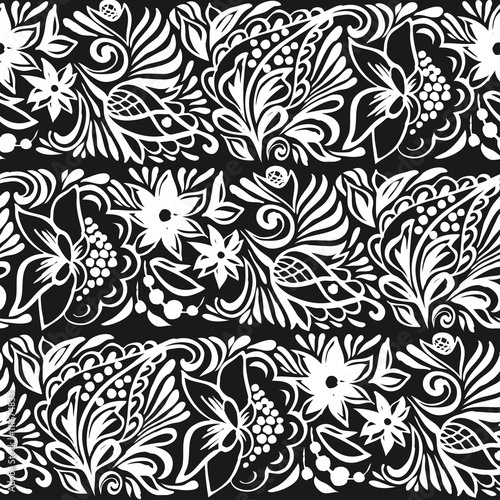 Seamless floral pattern. Curbs in the style of a Russian hand painting. The pattern of sprigs of flowers and leaves.For printing on fabric  wrapping paper  textiles.A monochrome image.