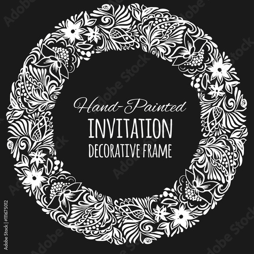 Round floral wreath. Decorative frame.Floral pattern in a circle.The workpiece to create your design invitation, greeting, card. Black and white pattern.