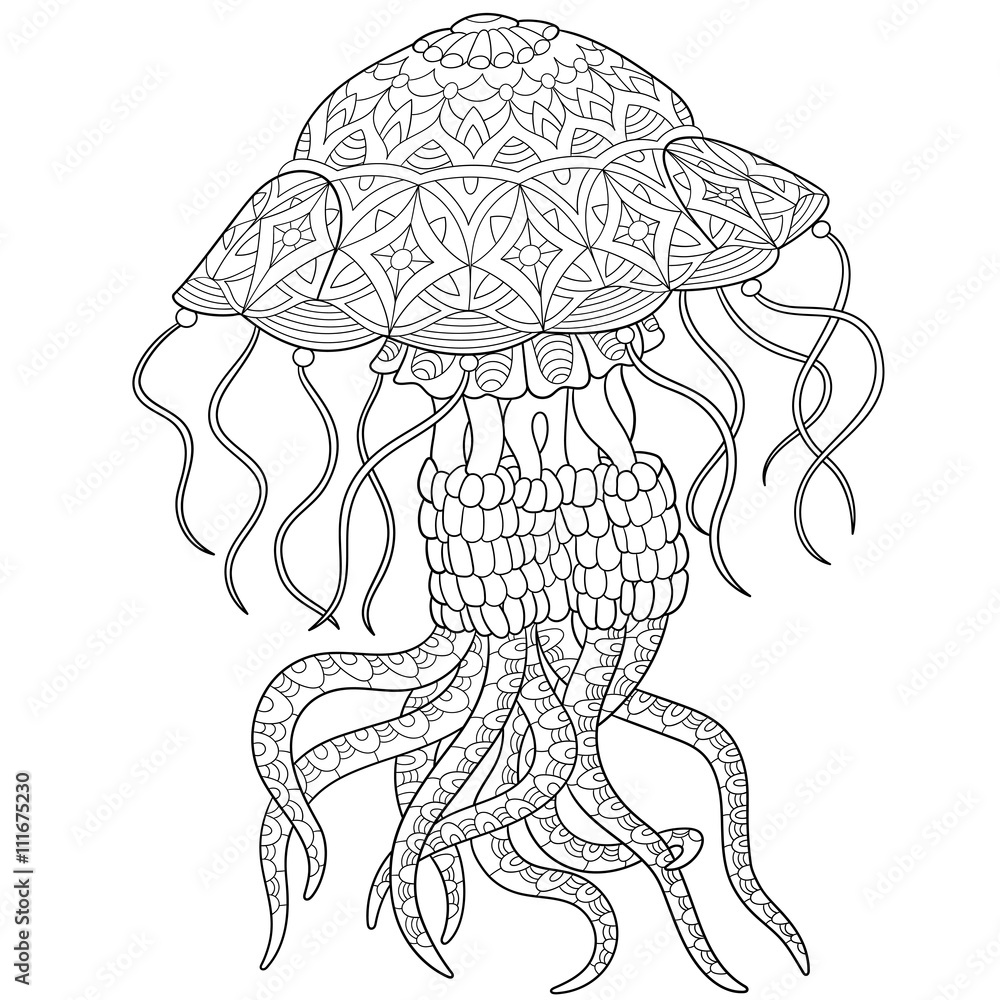Fototapeta premium Zentangle stylized cartoon jellyfish, isolated on white background. Hand drawn sketch for adult antistress coloring page, T-shirt emblem, logo or tattoo with doodle, zentangle, floral design elements.