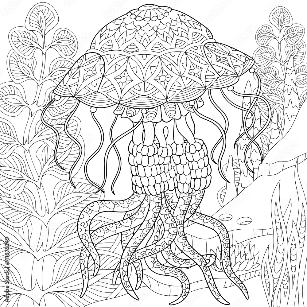 Zentangle stylized cartoon jellyfish swimming among seaweed (alga