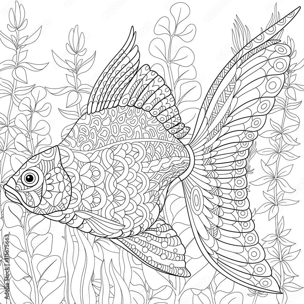 Zentangle stylized cartoon goldfish swimming among seaweed (alga). Hand