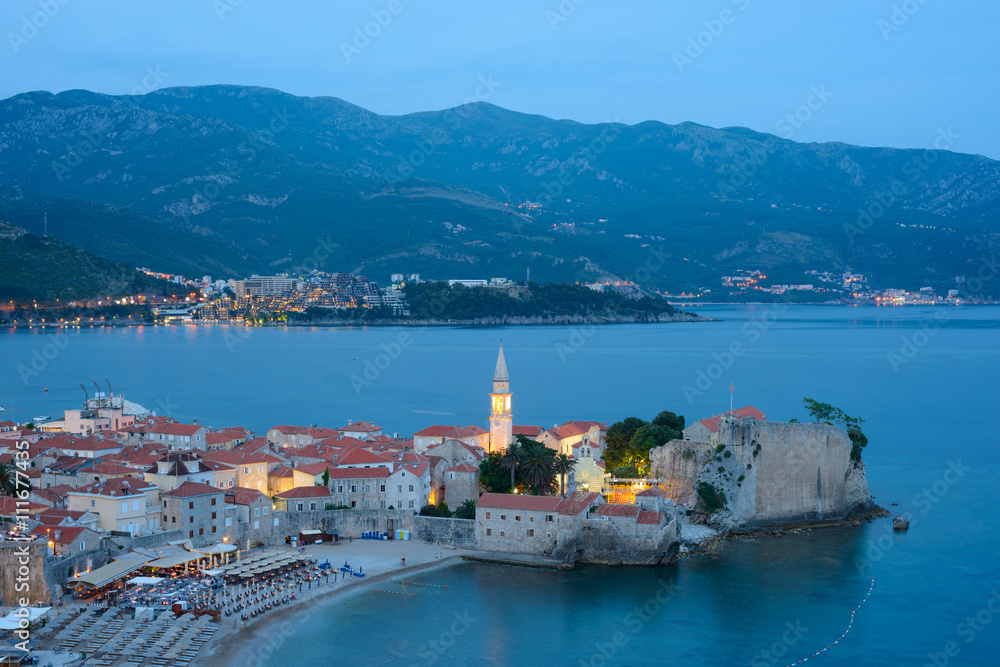 Mistery Evening in Old Town of Budva. Montenegro, Balkans, Europe.