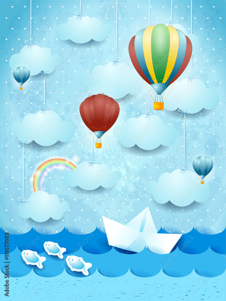 Summer seascape with hot air balloons and paper boat