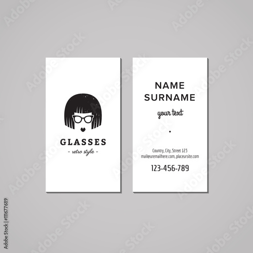 Eyeglasses business card design concept. Eyeglasses logo with a bob hair woman. Vintage, hipster and retro style. Black and white.