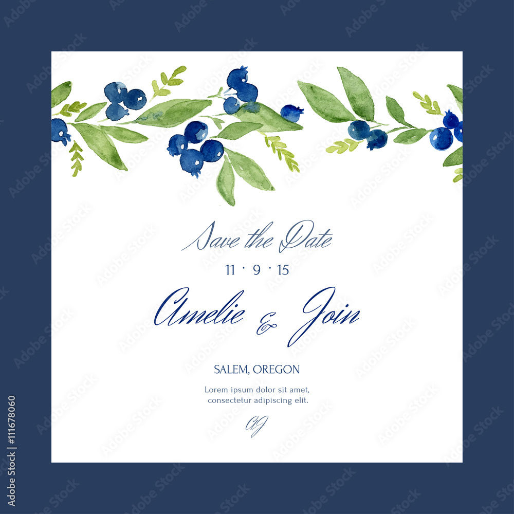 Save the date. Gentle template with traced watercolor blueberry.