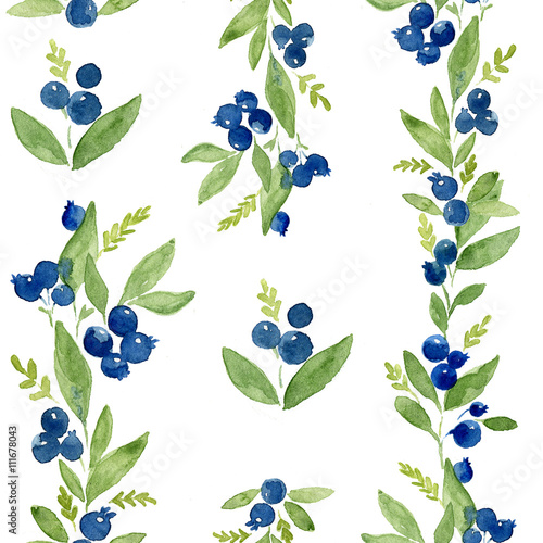 Gentle seamless pattern with hand drawn watercolor blueberries.