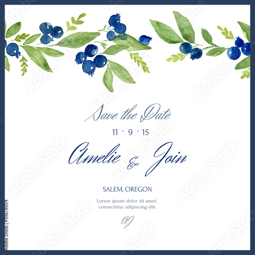 Save the date. Template with traced watercolor blueberries.