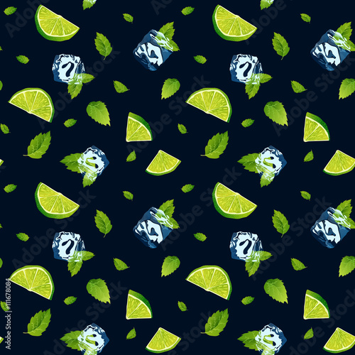 Seamless pattern, cool refreshing summer mojito with ice cubes, mint leaves and lime.