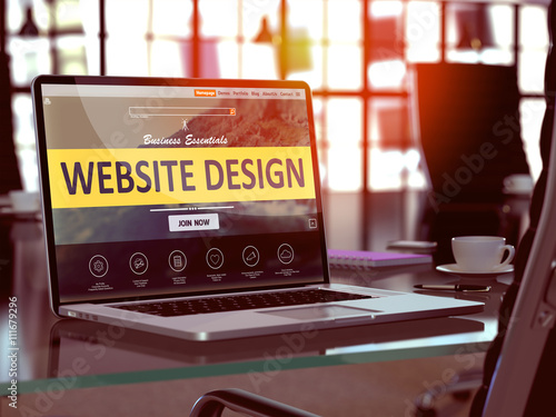 Website Design Concept. Closeup Landing Page on Laptop Screen on background of Comfortable Working Place in Modern Office. Blurred, Toned Image. 3d Rendering. photo