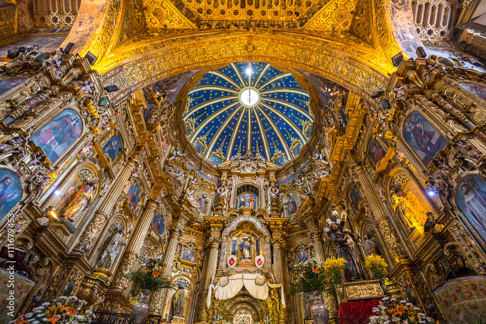 Interior of San Francisco Church in old town of Quito, Ecuador.