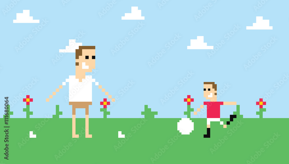 Pixel Art Image Of Family Playing Football In Park