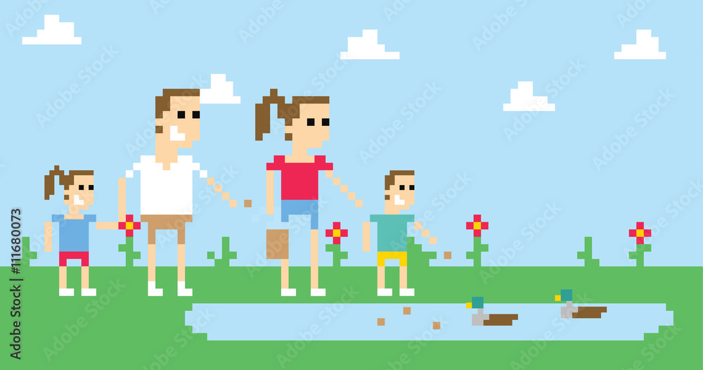Pixel Art Image Of Family Feeding Ducks In Park