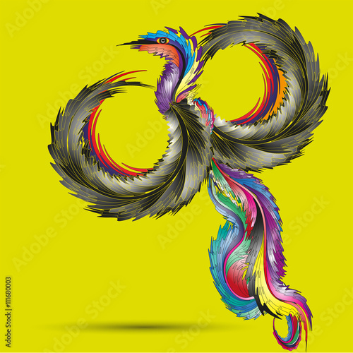 Illustration of colorful bird angel
Drawing on a yellow background with the shadow of a bright and original angel bird with a magnificent tail for decoration and design
