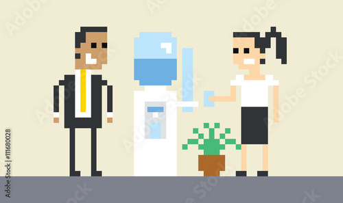 Pixel Art Image Of Businesspeople By Water Cooler In Office