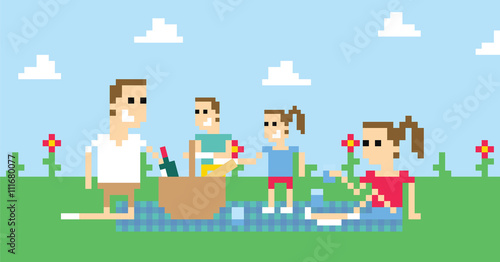 Pixel Art Image Of Family Having Picnic In Park