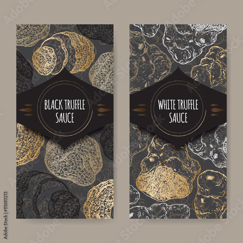 Two labels for white and black truffle sauce on lace photo