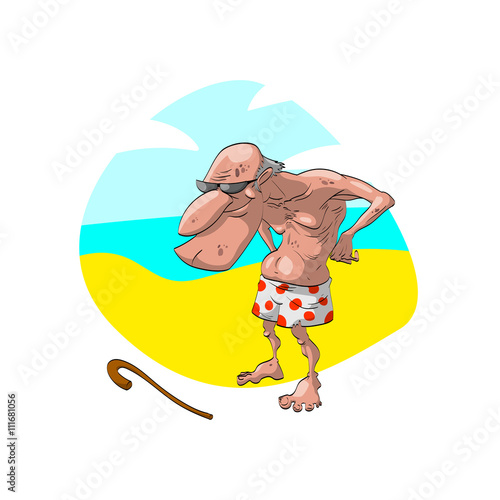 Colorful vector illustration of an bald old man, grandpa, on the beach, wearing old shorts and sunglasses. With a naughty smile on his face.