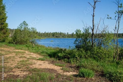 Utsikt över insjö under blå himmel