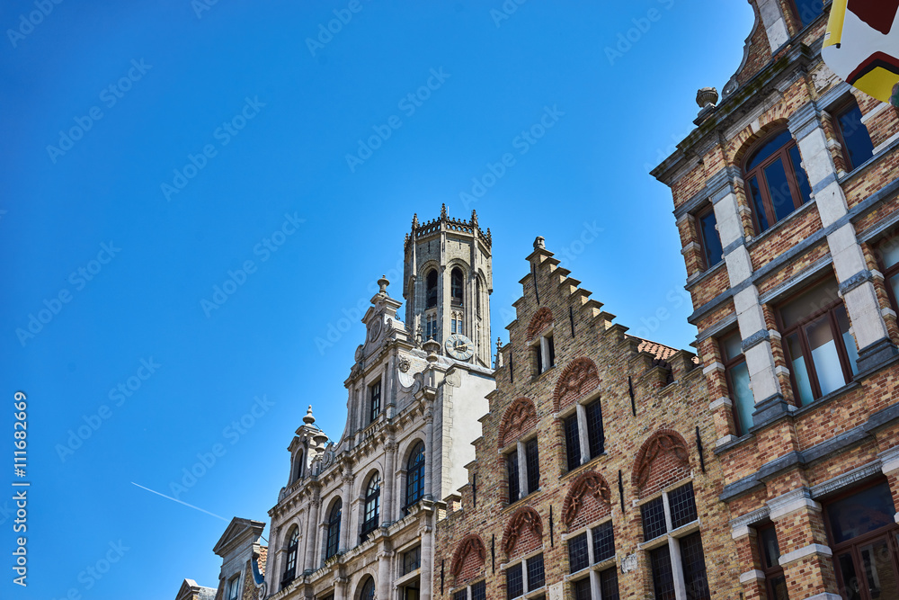 Beautiful old facades of Bruges / Historic old town in Belgium