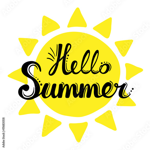 Lettering hello summer on the background of the sun. Vector hand drawn background. Cute summer illustration.